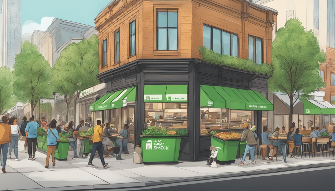 A bustling urban street with Shake Shack and Jack in the Box restaurants side by side. Shake Shack features eco-friendly packaging and recycling bins, while Jack in the Box lacks sustainable practices