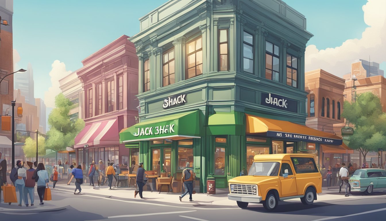 A bustling city street with a modern Shake Shack and a retro Jack in the Box side by side, surrounded by trendy shops and tech companies