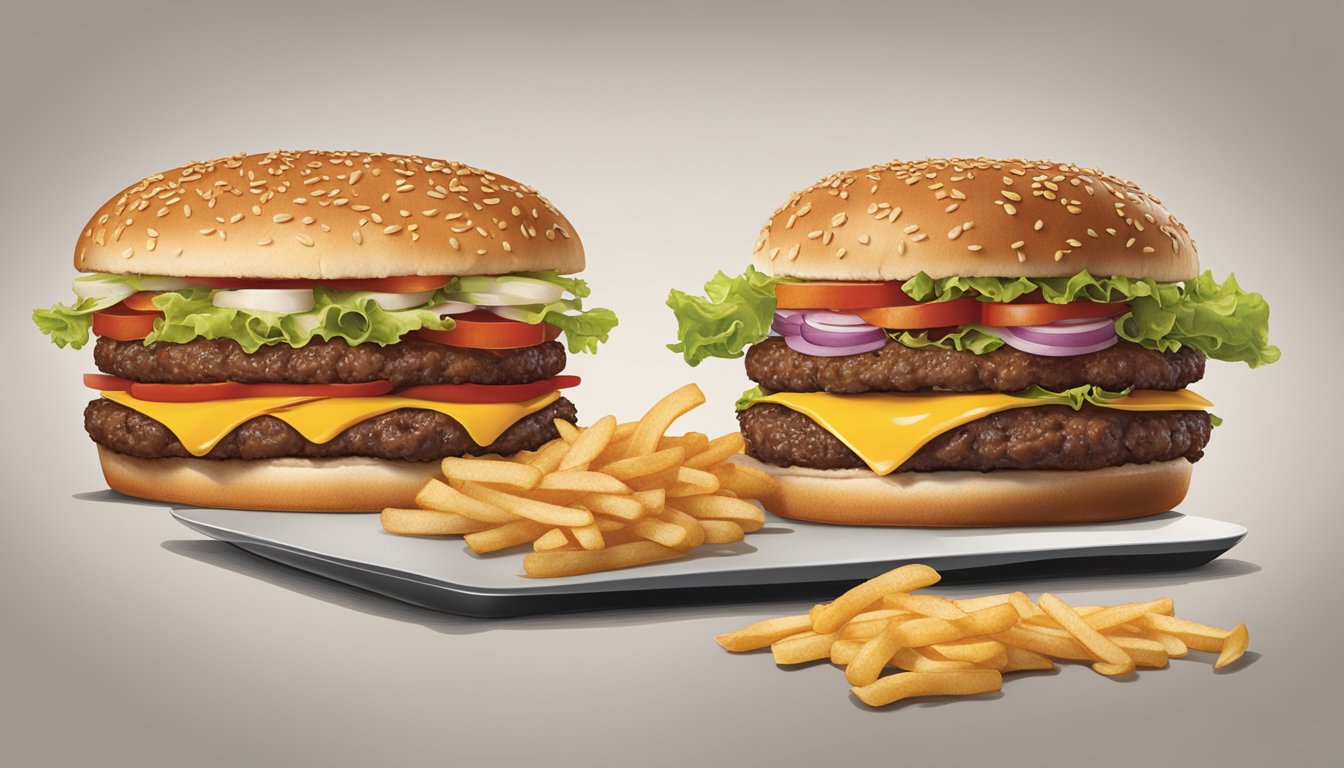 A table with two burgers, one from Smashburger and one from Hardee's, side by side, showcasing their differences in size, toppings, and presentation