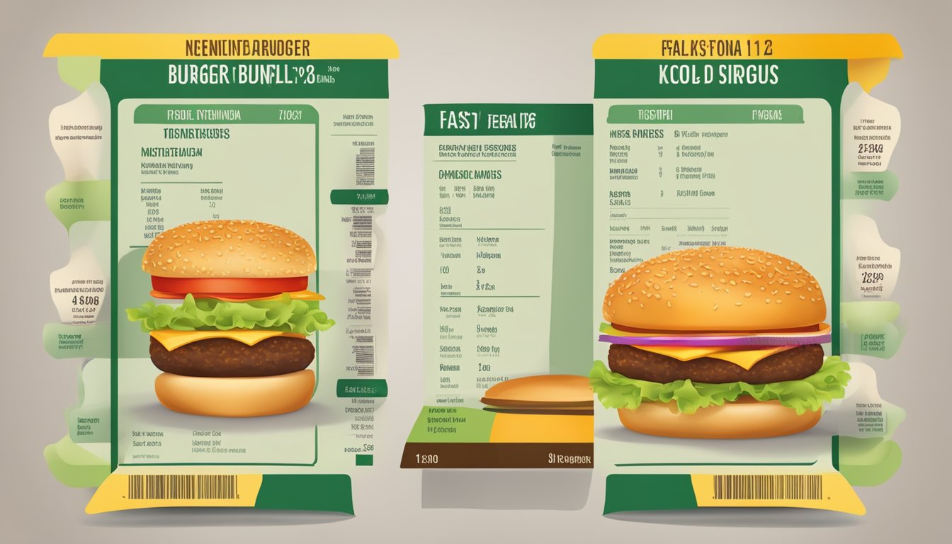 A table with two fast food burgers and their respective nutritional information displayed on the packaging