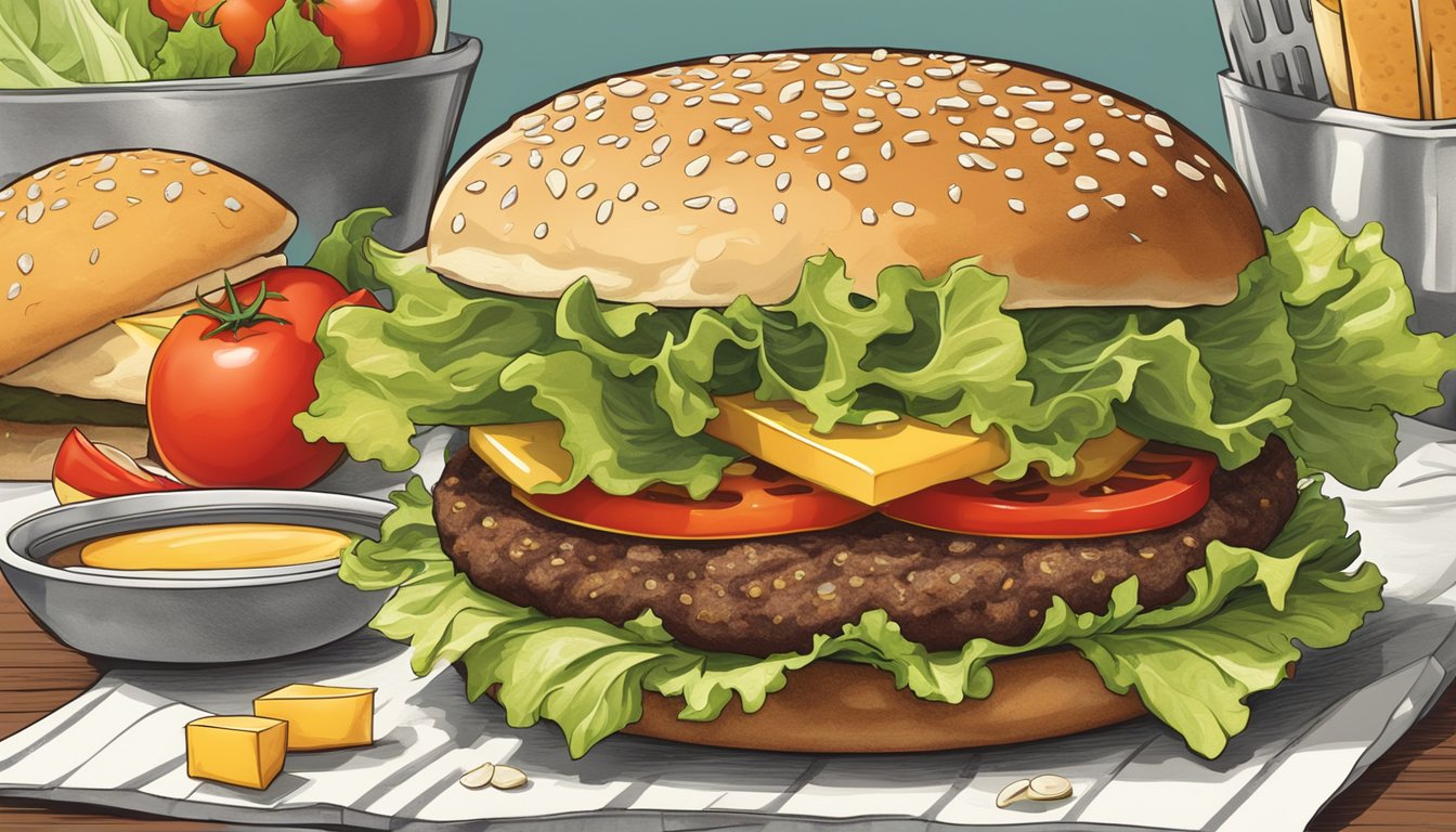 A sizzling burger patty with melting cheese, surrounded by fresh lettuce, tomatoes, and pickles on a sesame seed bun. A price tag next to each burger