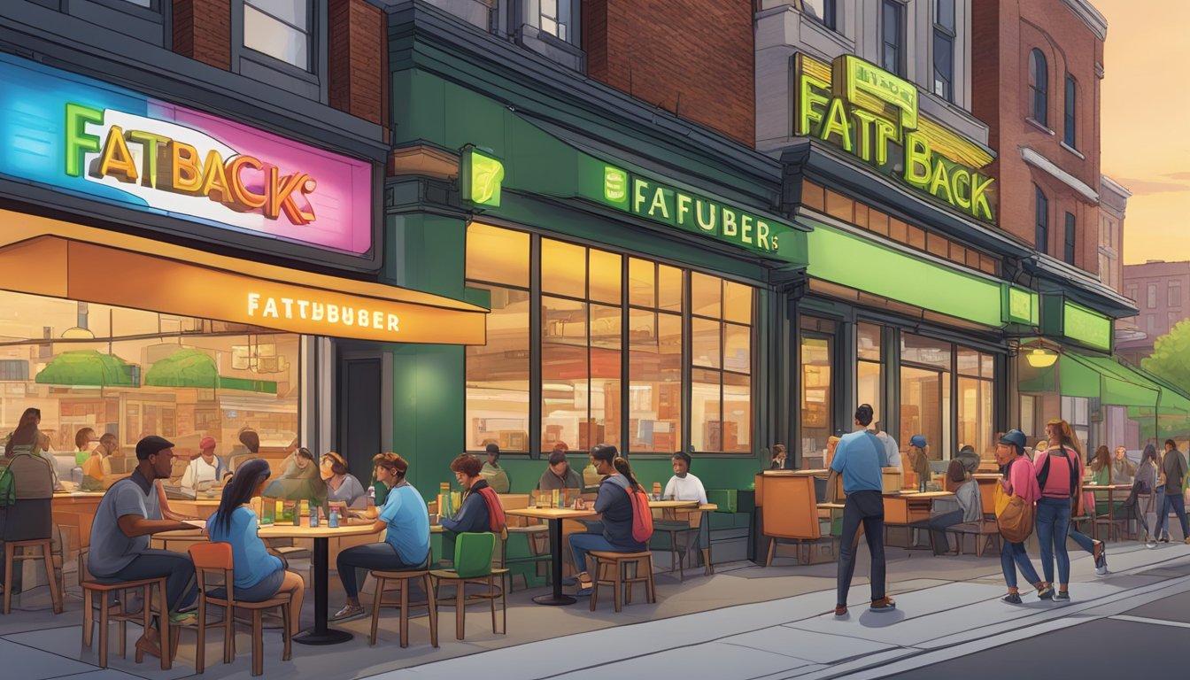 A bustling city street with a Shake Shack and Fatburger standing side by side, their colorful signs and outdoor seating drawing in hungry customers