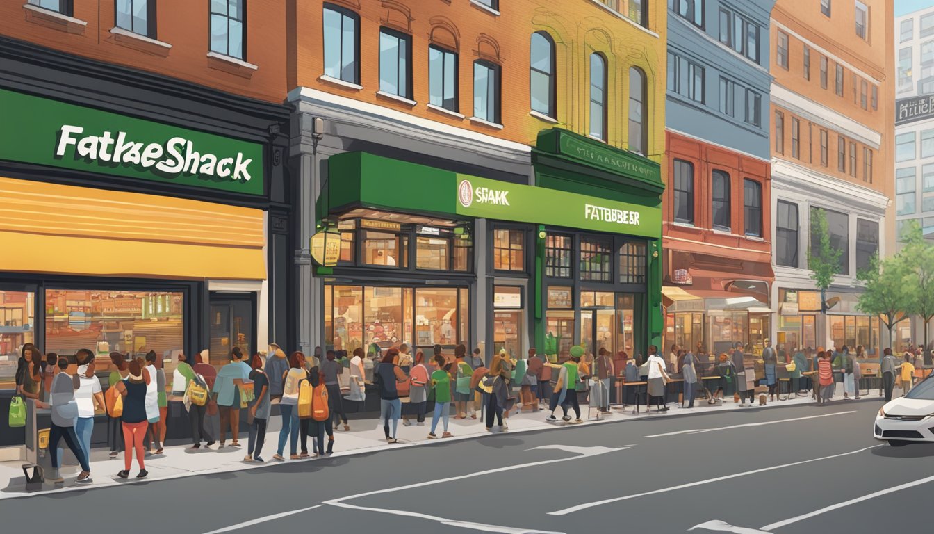 A bustling city street with Shake Shack and Fatburger storefronts, each with their distinct branding and signage, surrounded by a diverse crowd of customers