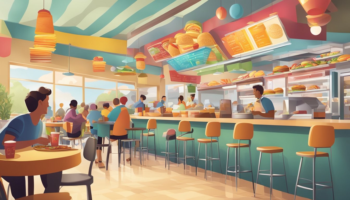 A bustling fast food restaurant with colorful menus and patrons enjoying burgers and fries at tables