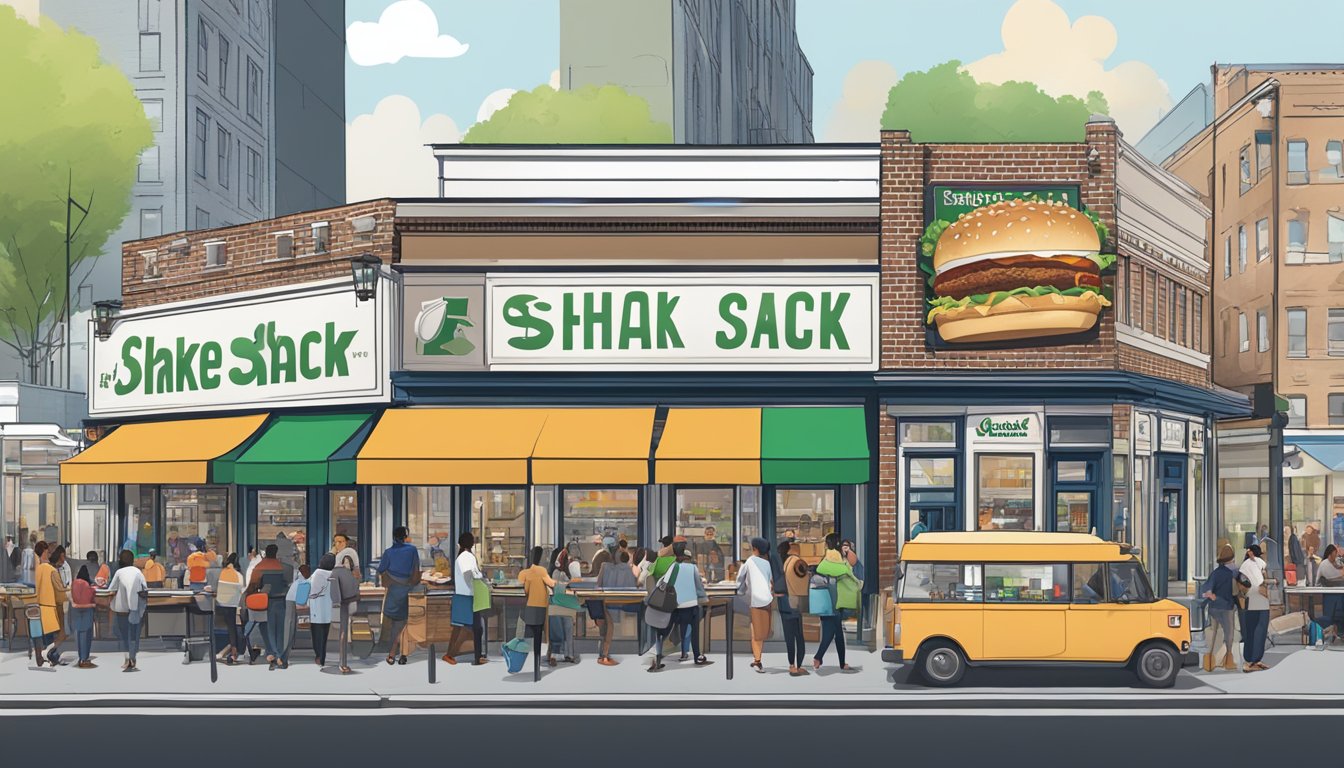 A bustling urban street with a Shake Shack and White Castle side by side, each with long lines of customers and vibrant signage