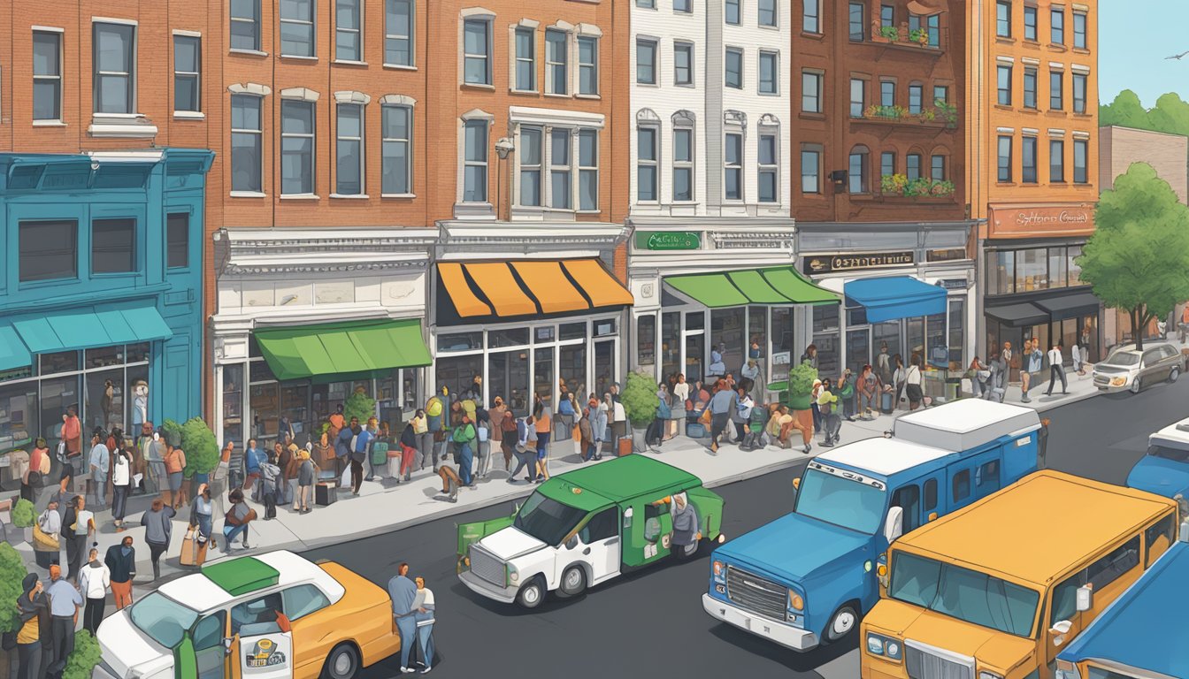 A bustling city street with Shake Shack and White Castle restaurants facing each other, surrounded by eager customers