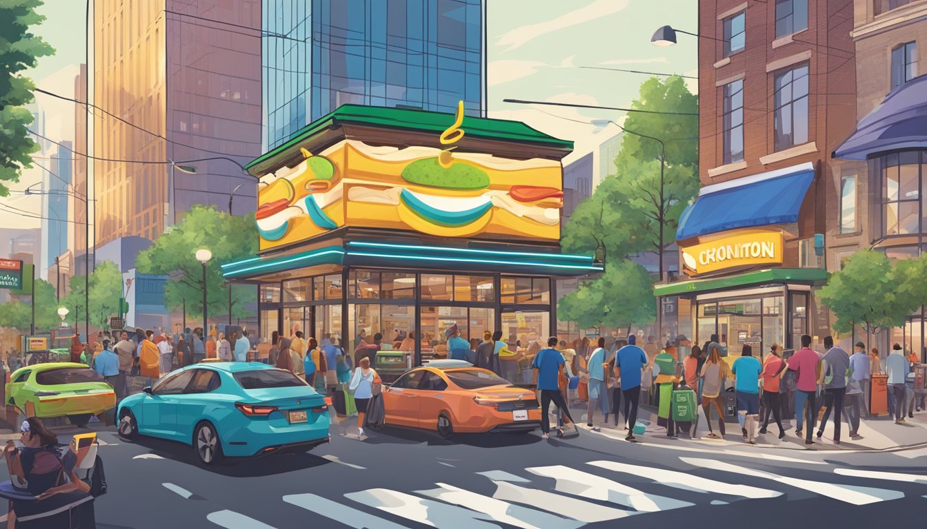 A bustling city street with a Shake Shack and Sonic Drive-In facing each other, surrounded by vibrant signs and busy traffic