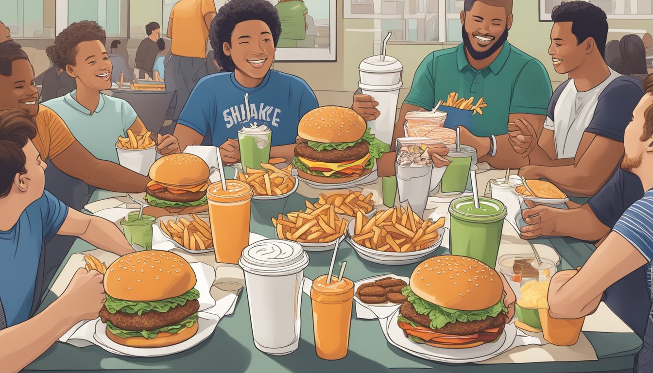 A crowded table with trays of burgers, fries, and milkshakes from Shake Shack and Whataburger, surrounded by eager customers