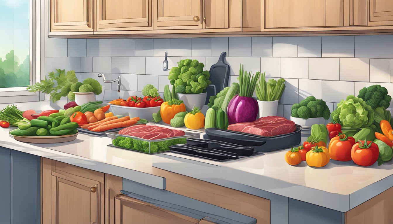 A colorful array of vibrant, crisp vegetables and juicy, succulent meats on a clean, well-organized kitchen counter