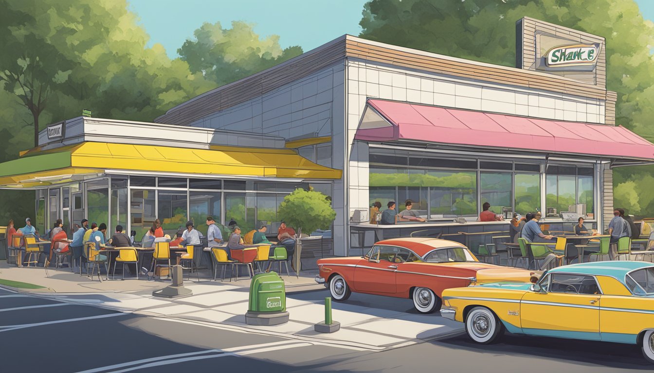 A bustling Shake Shack with modern seating and a vibrant atmosphere contrasts with a retro Sonic Drive-In with carhops delivering food to parked cars