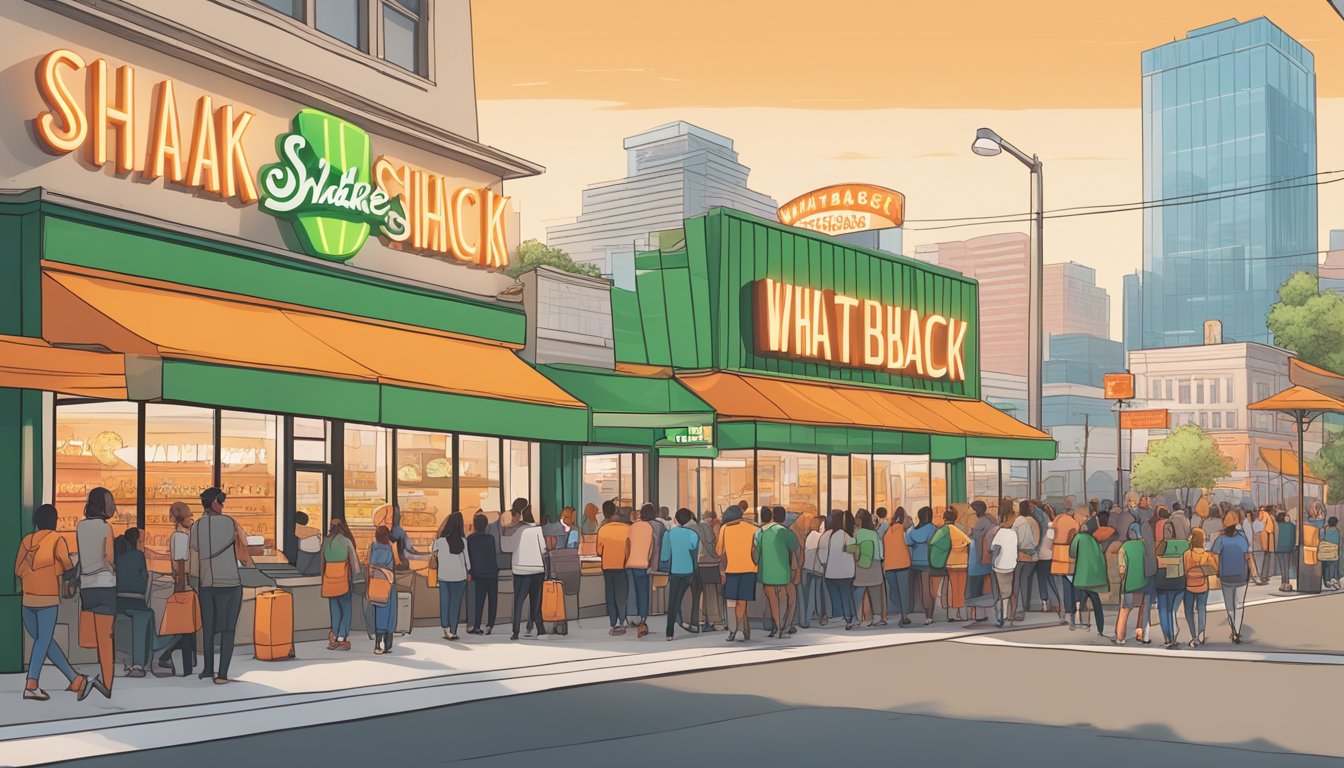 A crowded city street with a Shake Shack and Whataburger side by side, each with long lines of customers and brightly lit signage