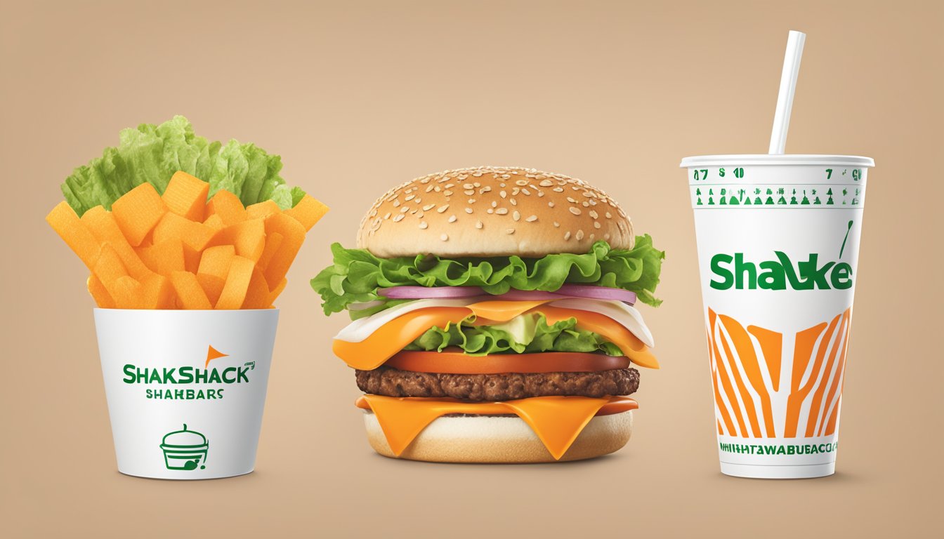 A comparison of shake shack and whataburger logos with nutritional labels and health icons displayed next to each other