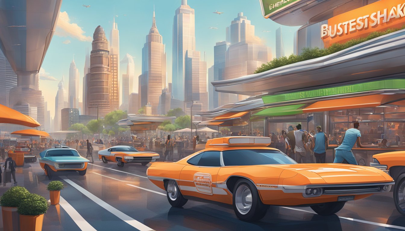 A bustling city skyline with a futuristic Shake Shack and Whataburger standing side by side, surrounded by flying cars and advanced technology