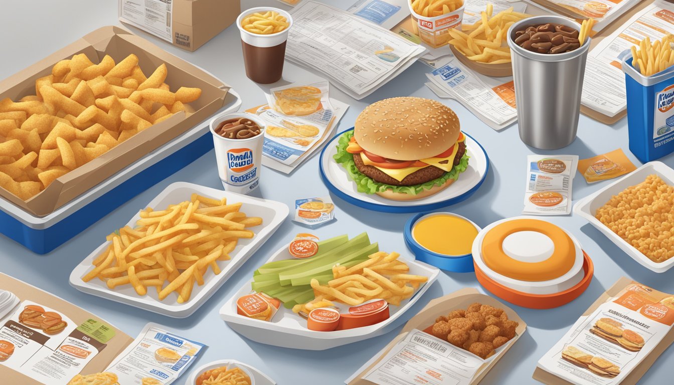 A table with fast food items from McDonald's and White Castle, surrounded by nutritional information labels and comparison charts