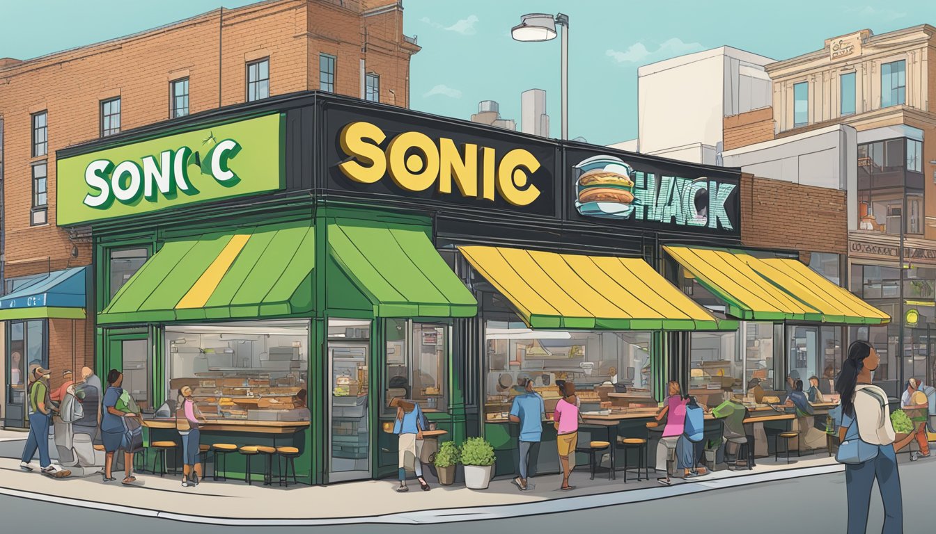 A bustling city street with a Shake Shack and Sonic Drive-In side by side, each with a long line of customers and vibrant signage