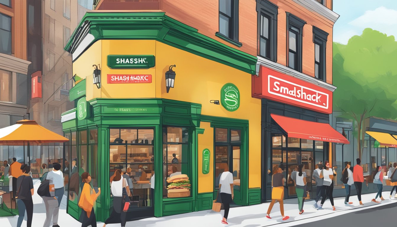 A bustling city street with Shake Shack and Smashburger storefronts facing each other, displaying their logos and branding on vibrant signage