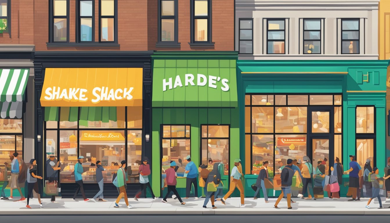 A bustling city street with Shake Shack and Hardee's storefronts facing each other, surrounded by eager customers and colorful signage