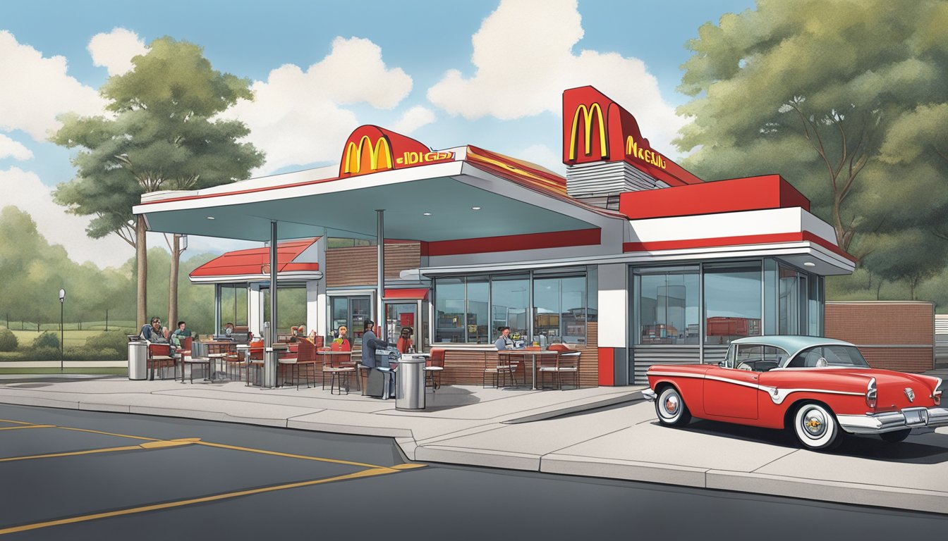 A bustling McDonald's drive-thru contrasts with a serene Steak 'n Shake diner, showcasing the divergent histories and atmospheres of the two fast food chains