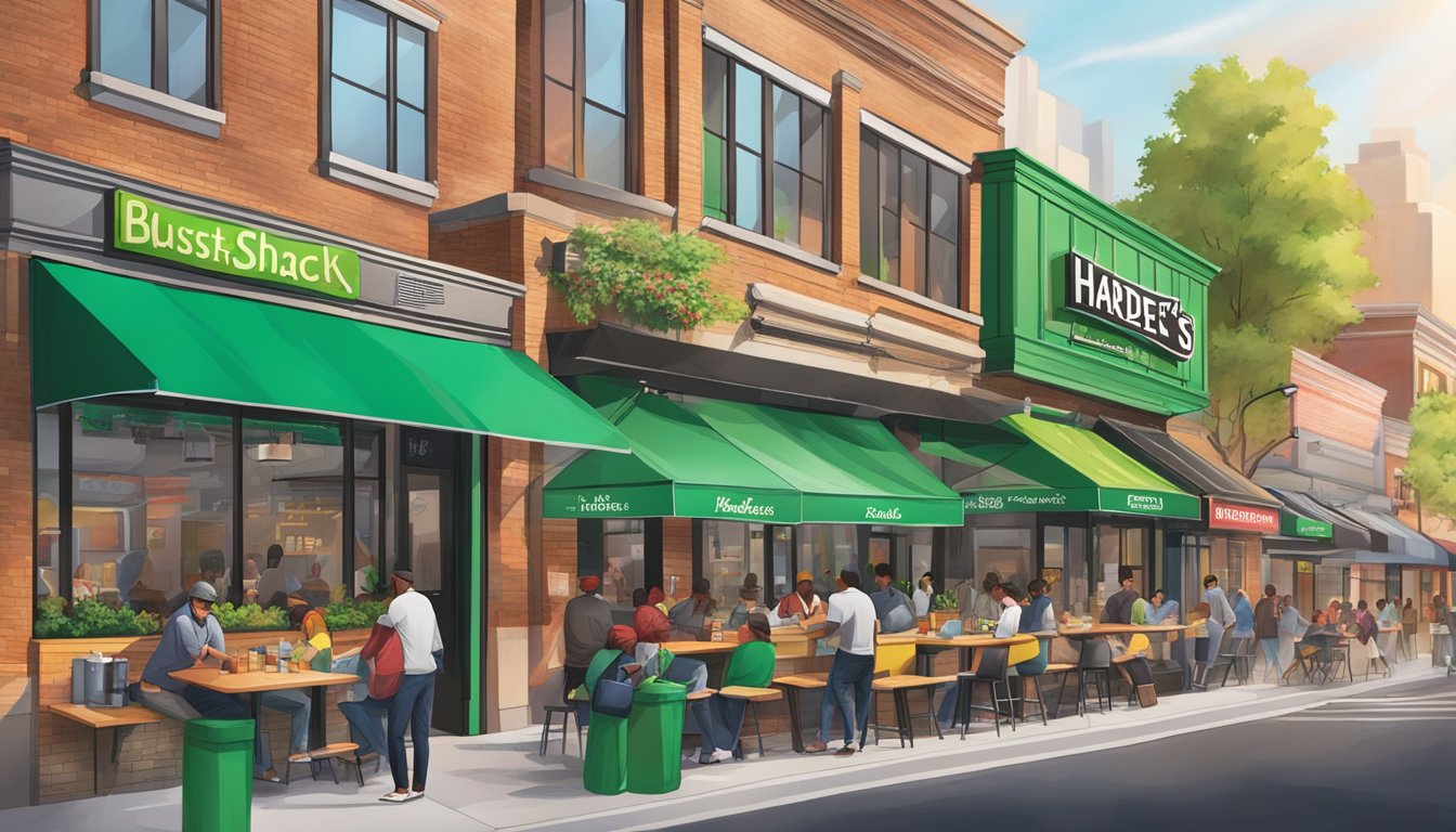 A bustling urban street corner with a vibrant Shake Shack and Hardee's side by side, each with colorful signage and busy customers