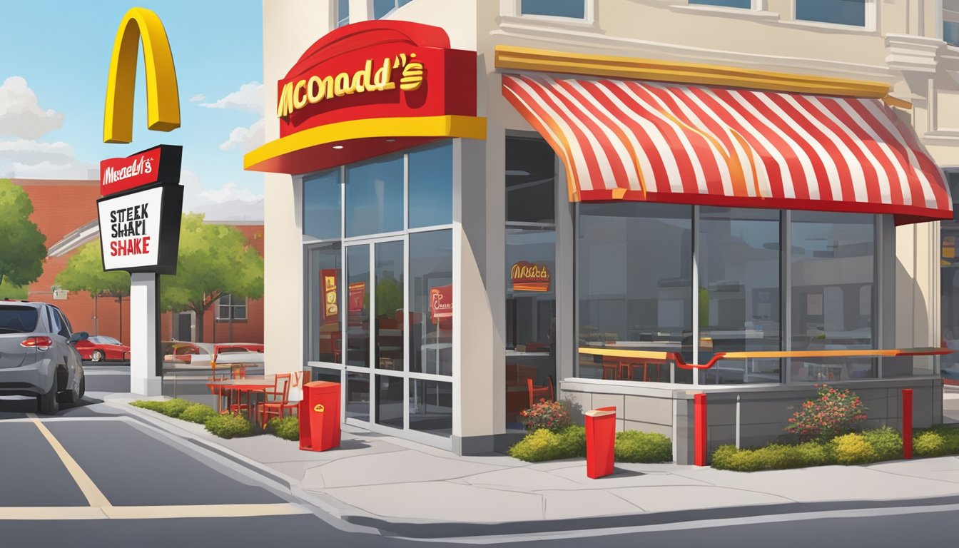 A bustling McDonald's with bright golden arches stands next to a quieter Steak 'n Shake with its iconic red and white striped awning