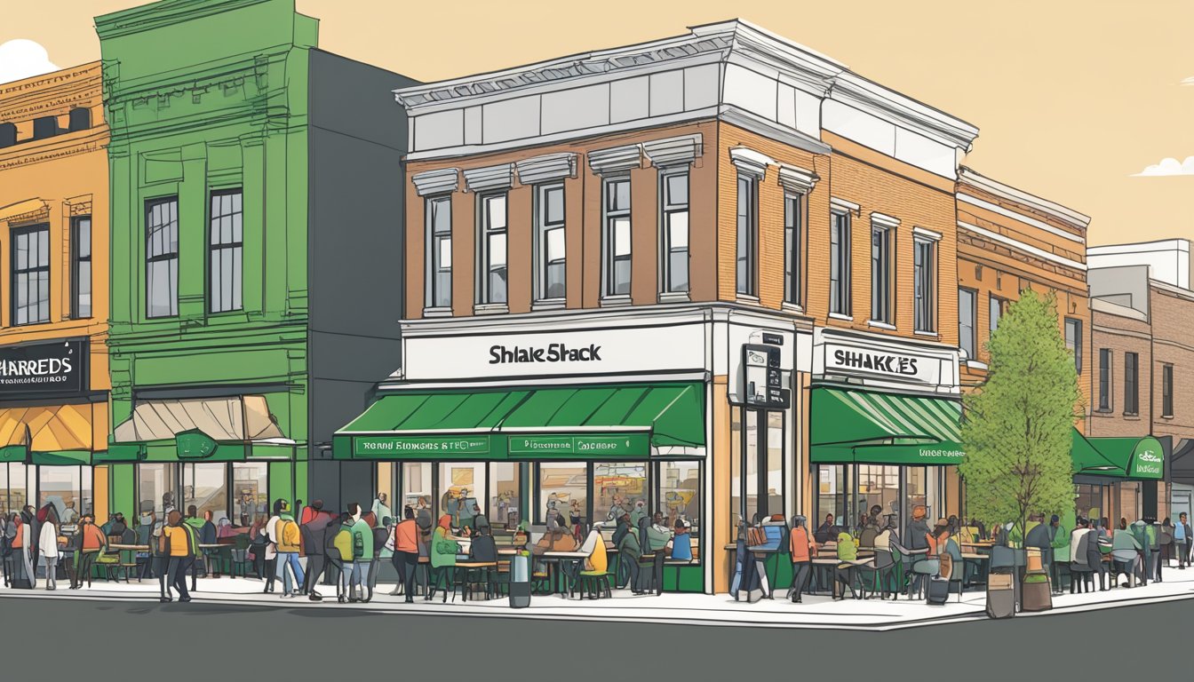 A bustling city street with Shake Shack and Hardee's restaurants side by side, each with long lines of customers. The Shake Shack is modern and sleek, while the Hardee's is more traditional