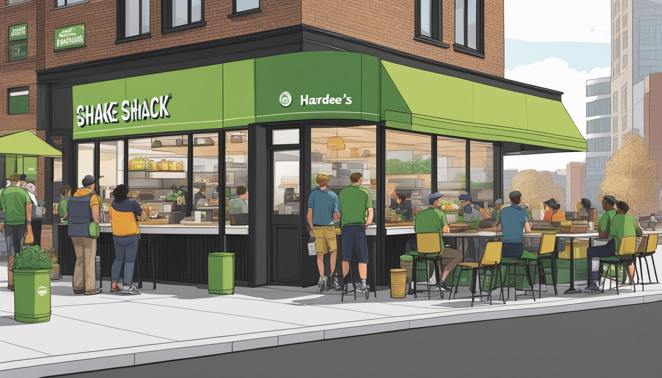 Customers waiting in line at Shake Shack, while Hardee's employees prepare food in the kitchen. Outdoor seating and signage for both restaurants visible