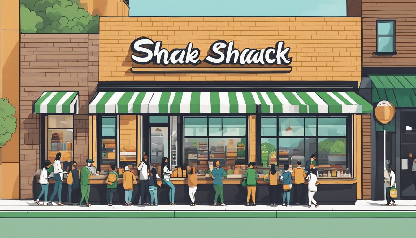 A crowded street with two fast-food restaurants side by side, each with a long line of customers. The Shake Shack has a modern, sleek design, while the Hardees has a more traditional, retro look