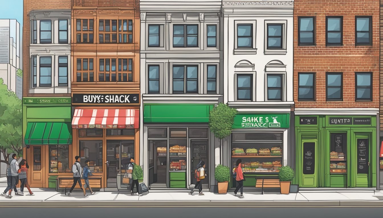 A bustling city street with Shake Shack and Five Guys storefronts facing each other, each displaying their iconic logos and branding