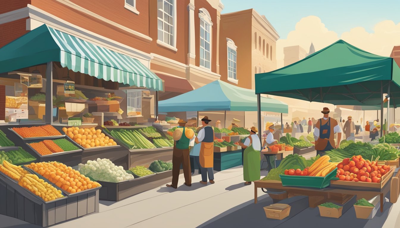 A bustling farmer's market with vendors proudly displaying fresh, locally-sourced ingredients. Two iconic fast food logos are visible in the background