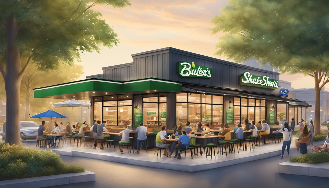 A bustling shake shack with fresh, high-quality ingredients contrasts with a serene Culver's setting, emphasizing their respective food offerings