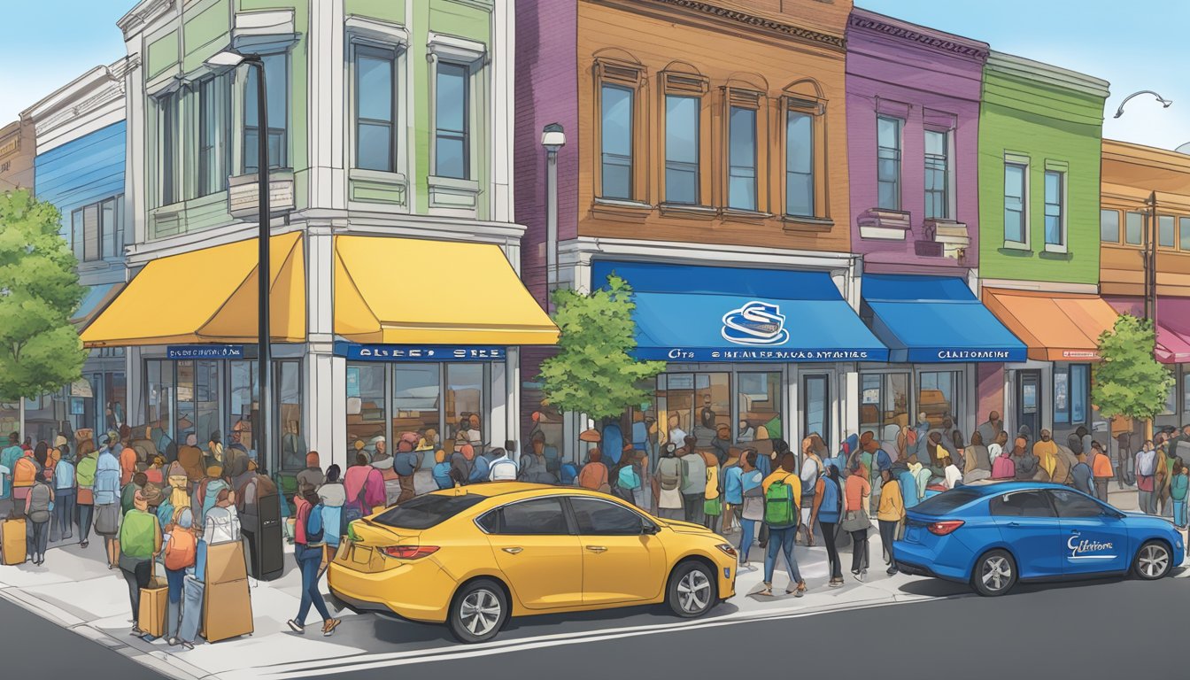 A bustling city street with a Shake Shack and Culver's side by side, each with a long line of customers, and colorful signs indicating regional expansion