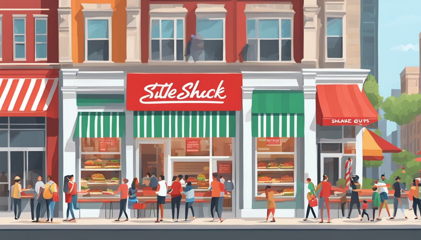 A bustling city street with a colorful shake shack and a classic red and white Five Guys storefront, surrounded by happy customers