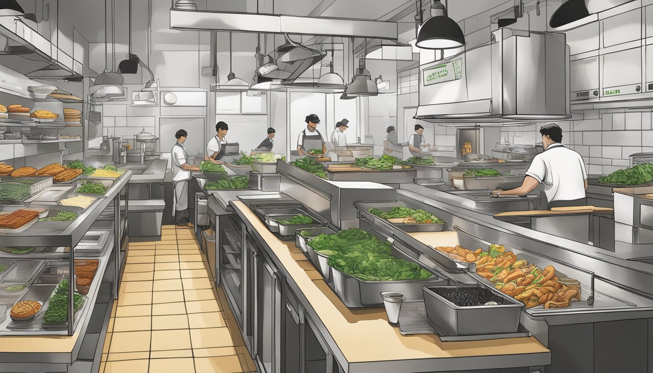 A bustling kitchen at Shake Shack with fresh, high-quality ingredients being prepared for burgers and shakes. In contrast, a chaotic and cluttered kitchen at Carl's Jr with lower-grade ingredients being hastily assembled