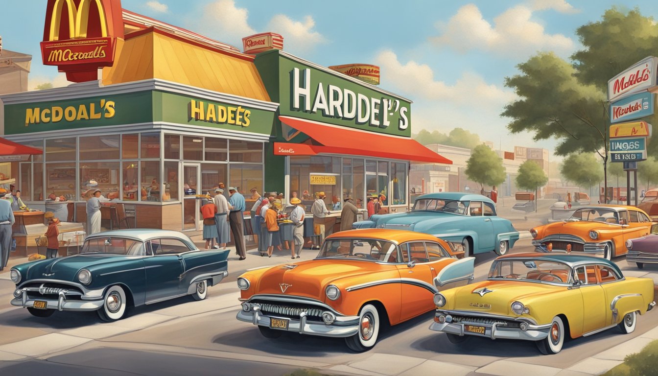 A bustling 1950s street corner with a classic McDonald's and Hardee's sign, surrounded by vintage cars and customers enjoying fast food