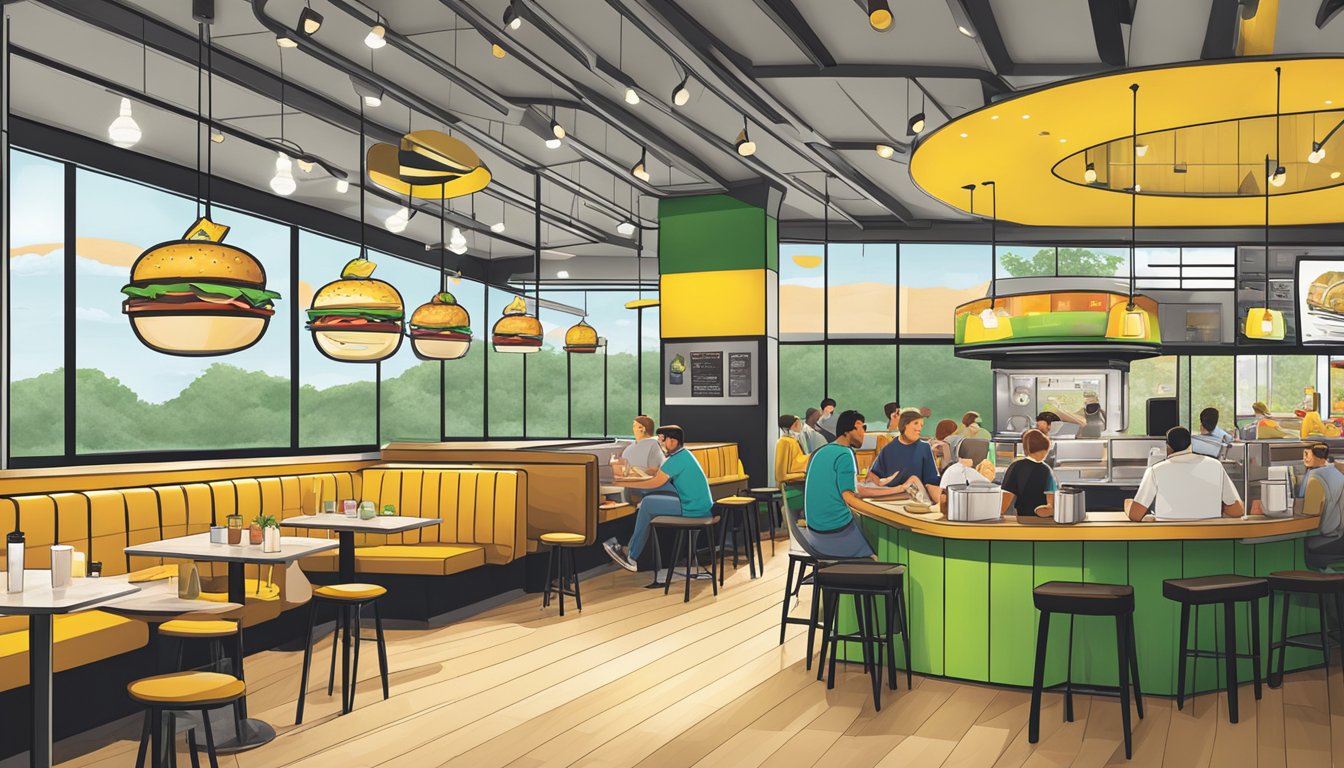 A bustling Shake Shack with modern decor contrasts a casual Carls Jr with bright, retro vibes