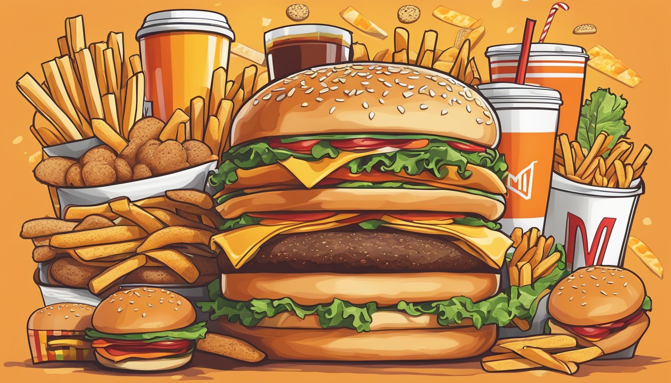 A colorful spread of fast food items, with burgers, fries, and drinks, contrasting the nutrition and health considerations between McDonald's and Whataburger