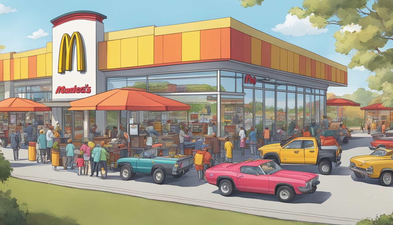 A busy McDonald's drive-thru with cars lined up, while Hardee's dining area is filled with customers enjoying their meals