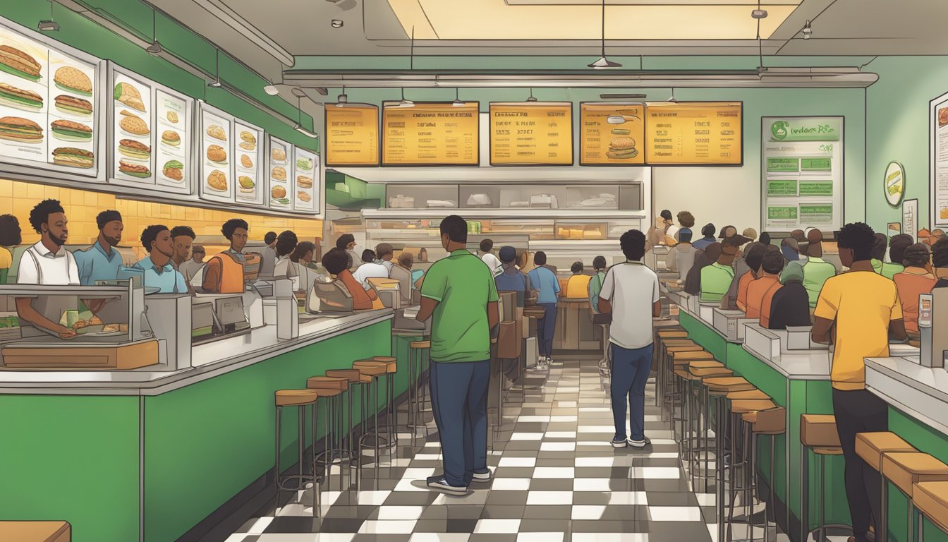 A crowded fast-food restaurant with two separate counters displaying price menus for Shake Shack and Carl's Jr. A line of customers waits to place their orders