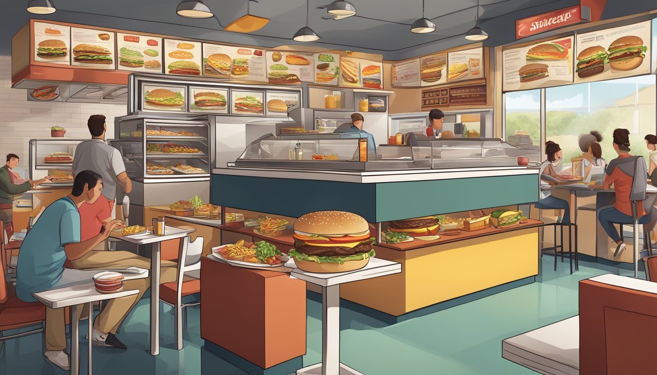 A bustling fast-food restaurant with a variety of menu items displayed, including burgers and other diverse offerings