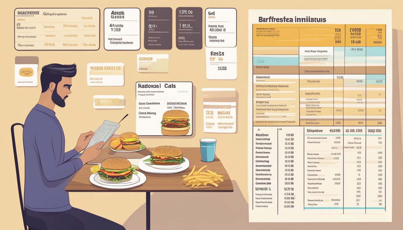 A table with two fast food menus, nutritional information displayed, and a person comparing the data