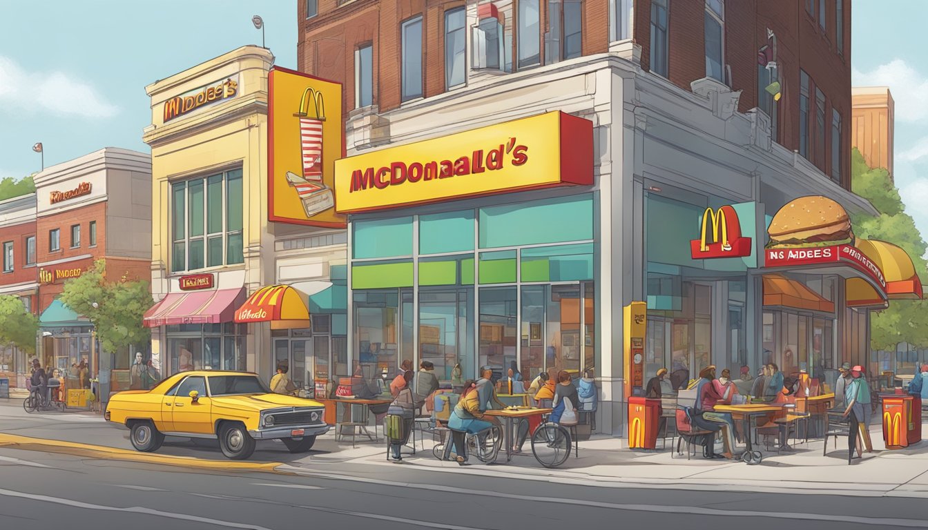 A bustling city street with a McDonald's and a Hardee's side by side, each with colorful signage and busy drive-thru and dining areas