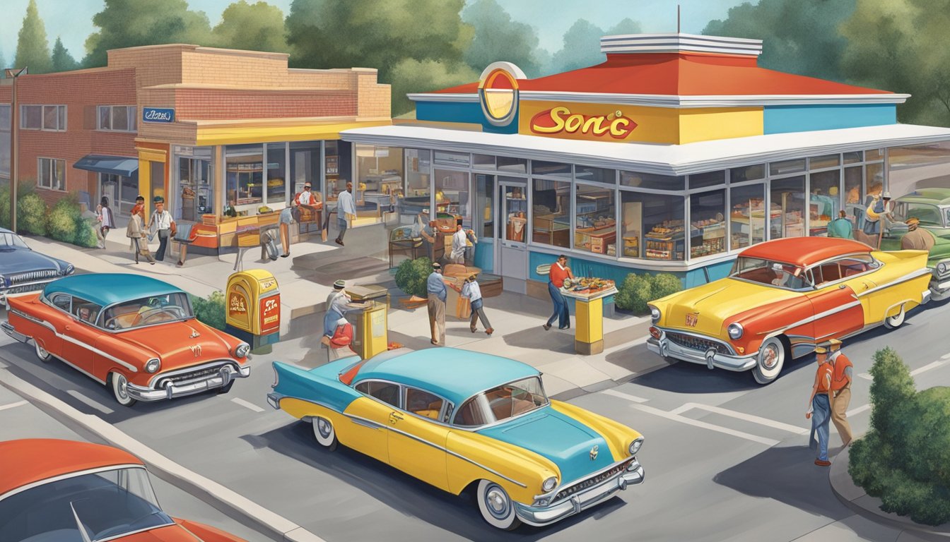 A bustling 1950s street corner with a classic McDonald's and Sonic Drive-In, showcasing the evolution of fast food over time