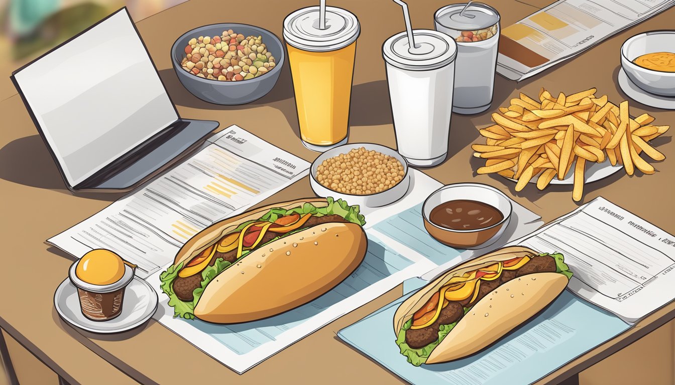 A table with two fast food menus side by side, surrounded by scattered ingredient items and nutritional charts