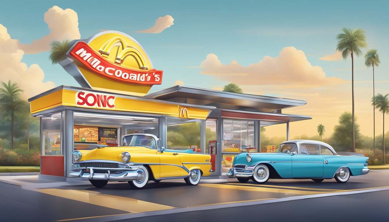 A modern McDonald's drive-thru with high-tech digital menu boards contrasts with a retro-style Sonic Drive-In with carhops on roller skates