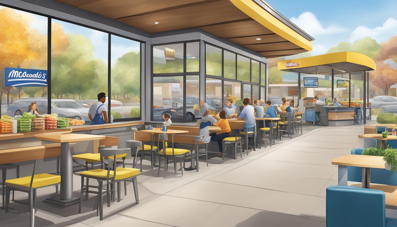 A busy McDonald's drive-thru with colorful signs and a bustling kitchen, contrasting with a serene Culver's dining area with a focus on fresh ingredients and friendly service