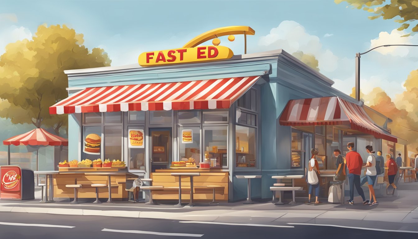 A bustling fast-food restaurant with iconic golden arches next to a cozy, rustic eatery with a red and white striped awning