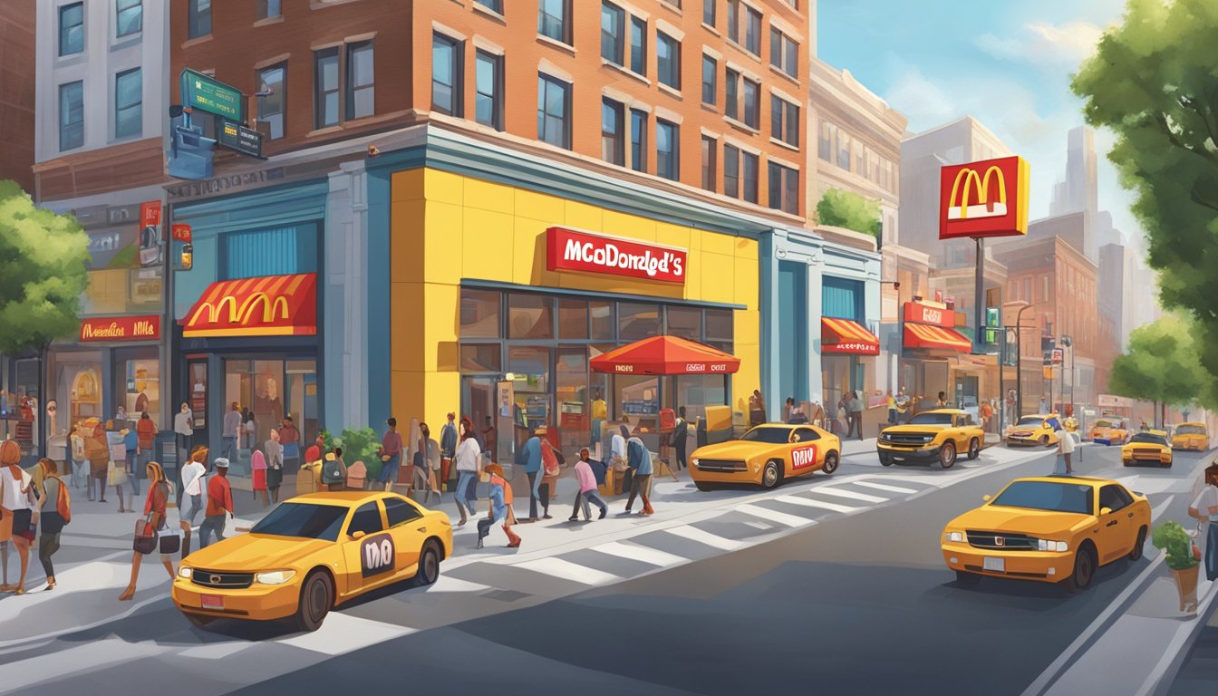 A bustling city street with a McDonald's and Smashburger side by side, each with their iconic signage and bustling with customers