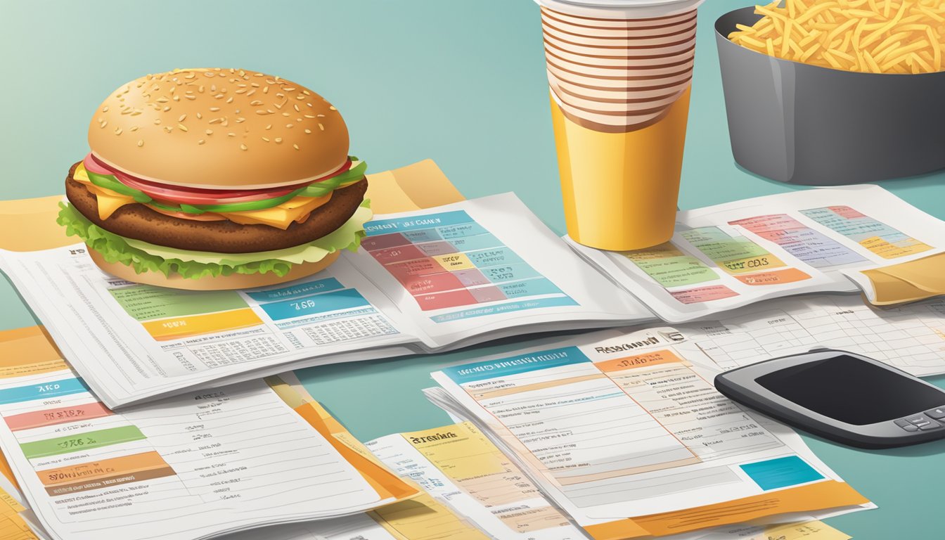 A table with two fast food menus side by side, surrounded by scattered nutritional information pamphlets and a calculator