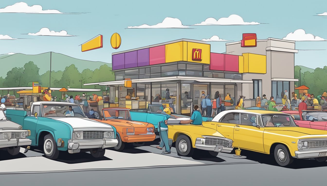 A busy McDonald's drive-thru with cars lined up, while a Jack in the Box restaurant has a few customers dining inside