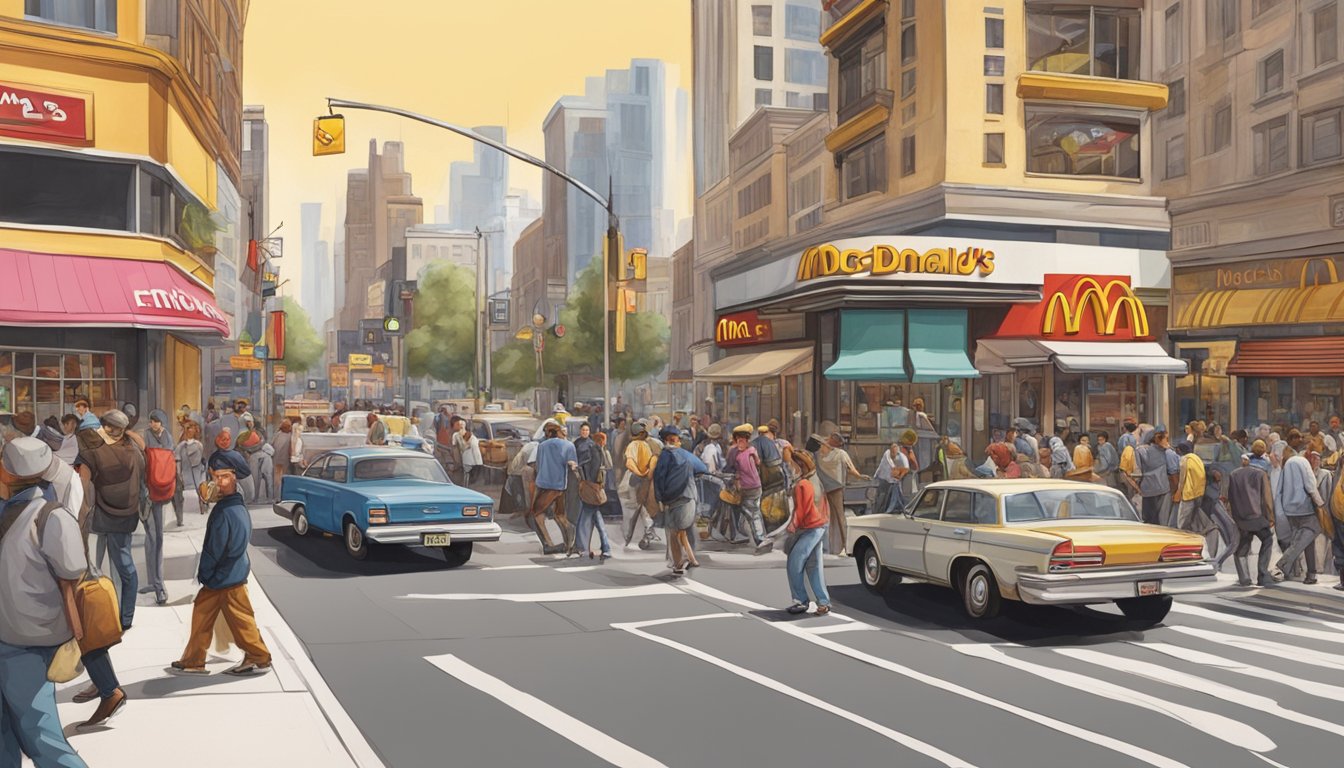 A busy urban street corner with a McDonald's and a Jack in the Box, surrounded by bustling traffic and pedestrians